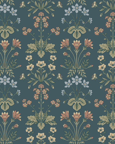 Tapet floral albastru inchis intr-o bucatarie primitoare