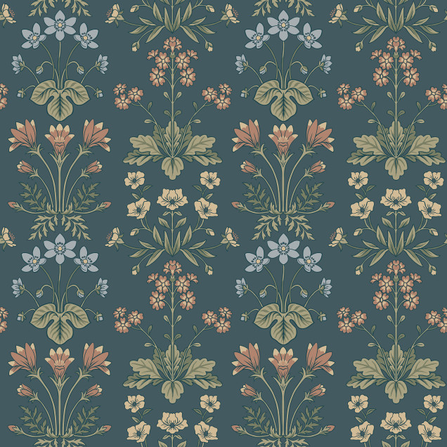 Tapet floral albastru inchis intr-o bucatarie primitoare