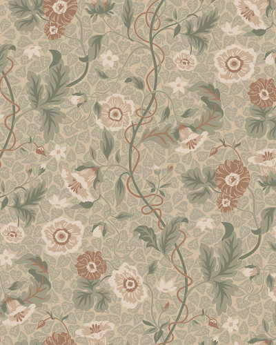 Tapet floral verde într-o cameră decorată
