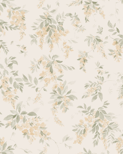 Tapet floral elegant cu frunze verzi și flori galbene