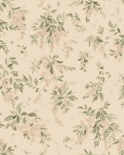 Tapet floral roz si verde intr-un living luminos