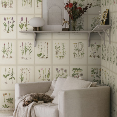 Tapet cu ilustrații botanice vintage într-un interior elegant