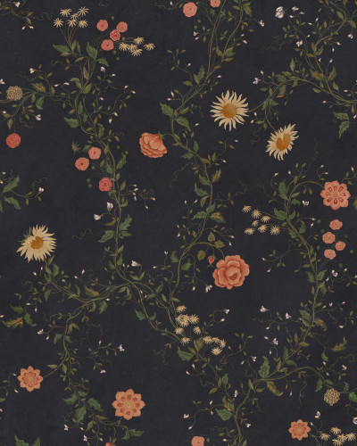 Tapet floral bleumarin într-o bucătărie rustică