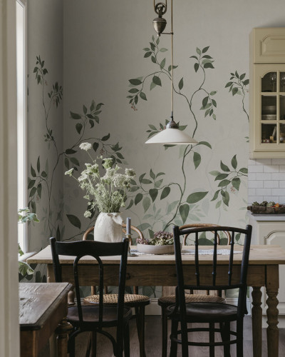 Fototapet floral verde într-o bucătărie elegantă
