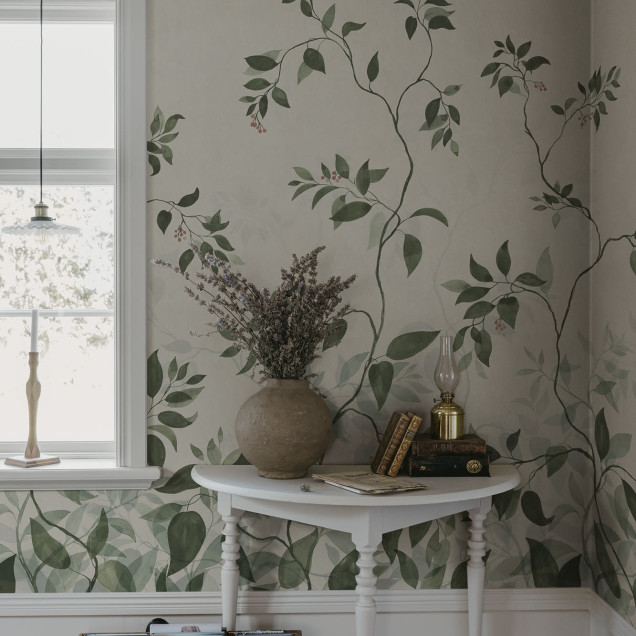 Fototapet floral verde într-o bucătărie elegantă