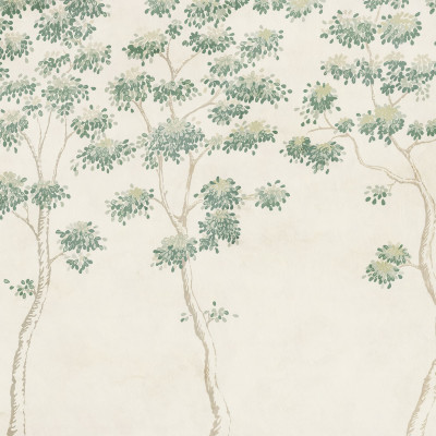 Tapet cu design floral verde într-o cameră cu sobă