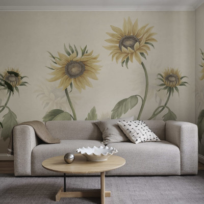 Sunflowers wallpaper on a beige background in a living room