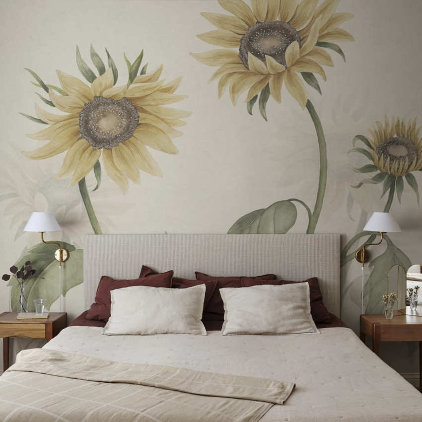 Tapet floral cu floarea soarelui în dormitor