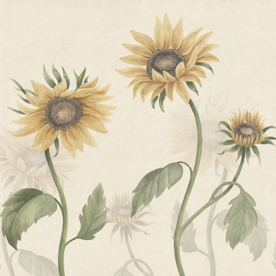 Sunflowers wallpaper on a beige background in a living room