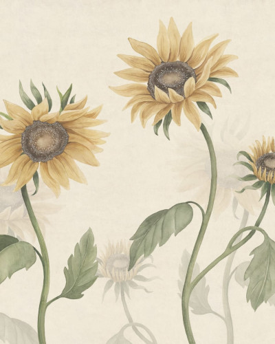 Sunflowers wallpaper on a beige background in a living room