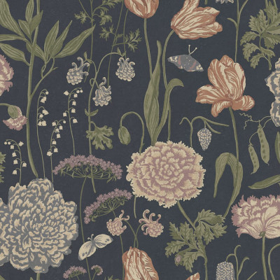 Tapet floral Aurelie Mural, albastru închis, cu un model delicat de flori, perfect pentru a decora camera ta.