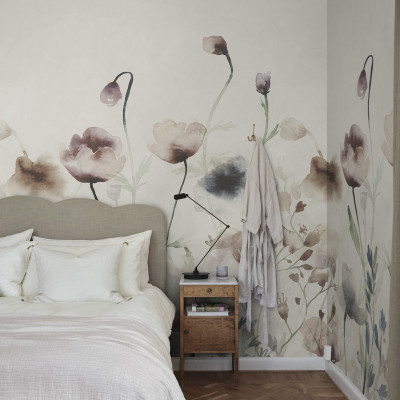 Fototapet floral pastel într-un dormitor