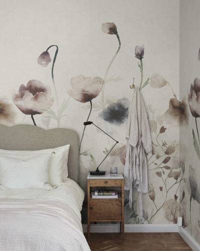 Fototapet floral pastel într-un dormitor