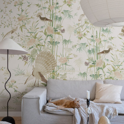 Tapet cu motive Chinoiserie, tonuri de verde deschis
