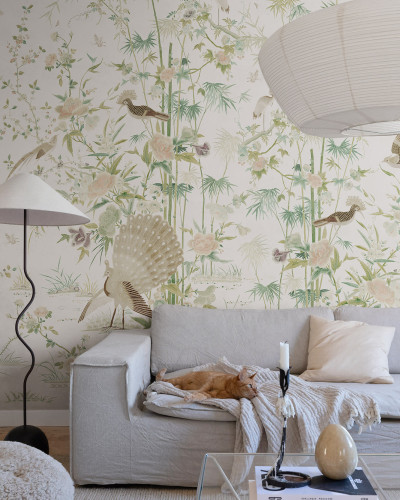 Tapet cu motive Chinoiserie, tonuri de verde deschis