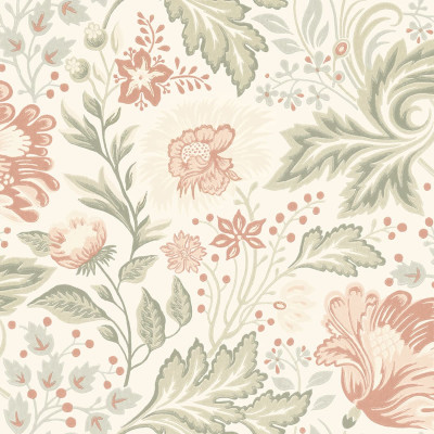 Tapet lavabil cu un design floral delicat, în nuanțe de roz și verde, pe un fundal crem.