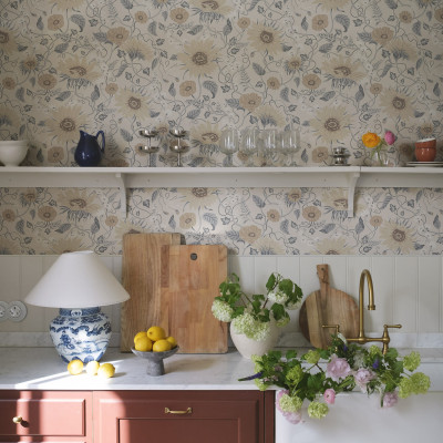 Tapet floral elegant in nuante de albastru si bej