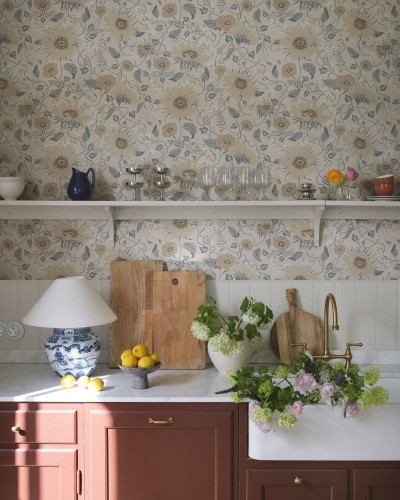 Tapet floral elegant in nuante de albastru si bej