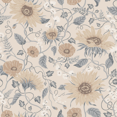 Tapet floral elegant in nuante de albastru si bej