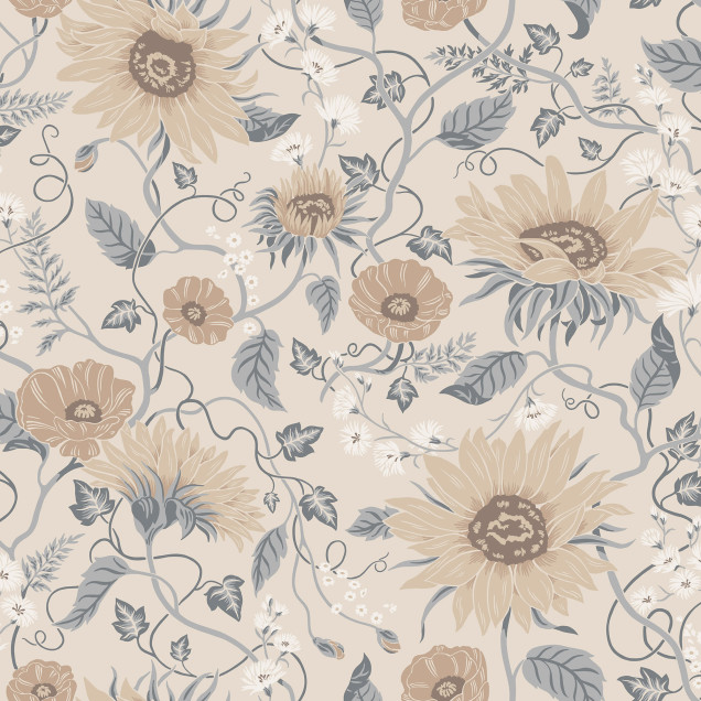 Tapet floral elegant in nuante de albastru si bej