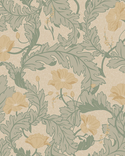 Tapet floral galben și verde într-o bucătărie rustică