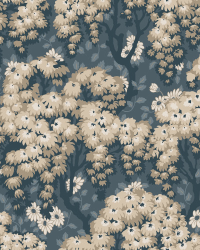 Tapet floral bleumarin cu detalii crem