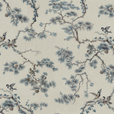 Tapet cu design floral și aviar albastru într-un dormitor