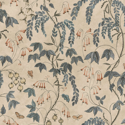 Tapet floral albastru și bej într-un interior elegant