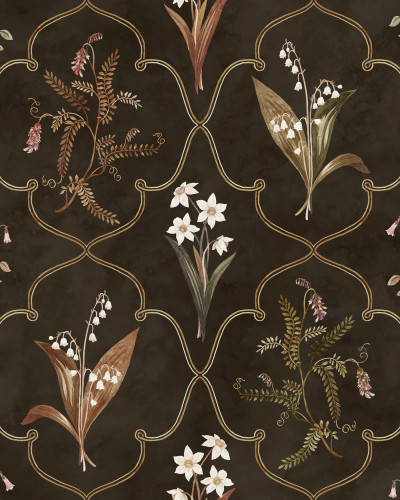 Tapet floral elegant pe fundal închis într-un dormitor