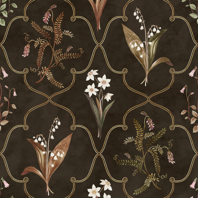 Tapet floral elegant pe fundal închis într-un dormitor