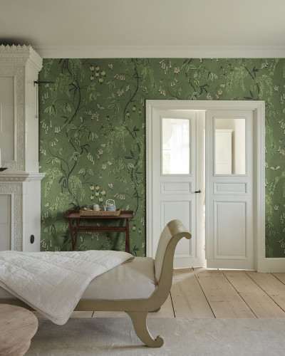 Tapet verde cu model floral în living