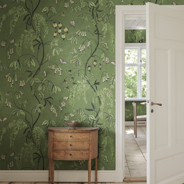 Tapet verde cu model floral în living