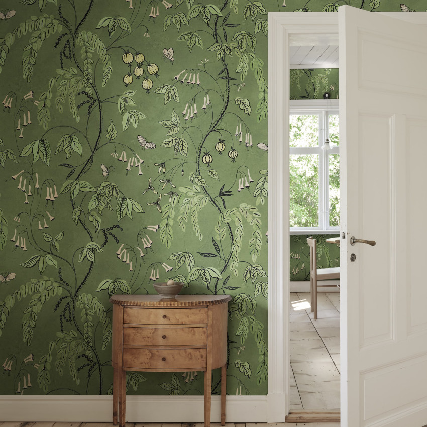 Tapet floral verde masliniu cu design elegant