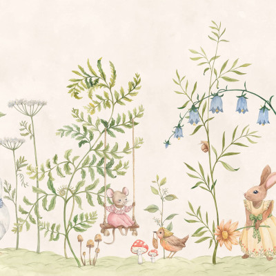 Tapet verde cu ilustrații de gâscă și șoricel pe leagăn