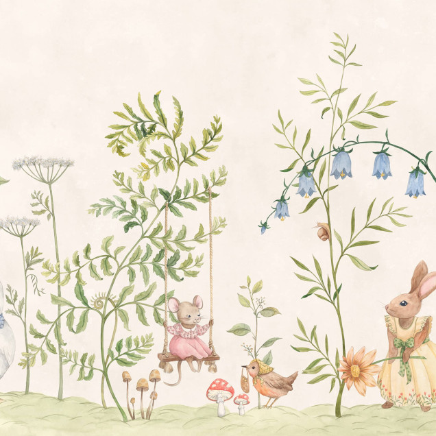 Tapet verde cu ilustrații de gâscă și șoricel pe leagăn