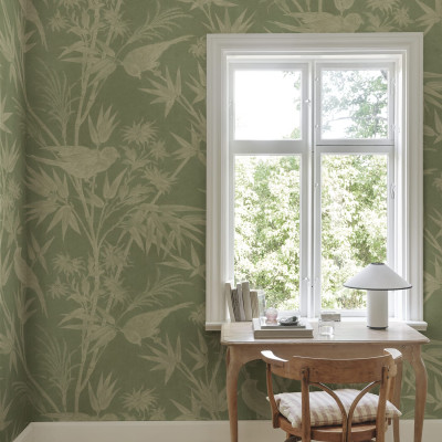 Tapet mural cu design floral și păsări, fundal verde
