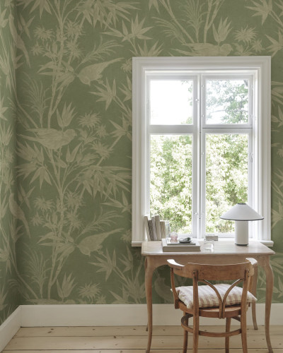 Tapet mural cu design floral și păsări, fundal verde