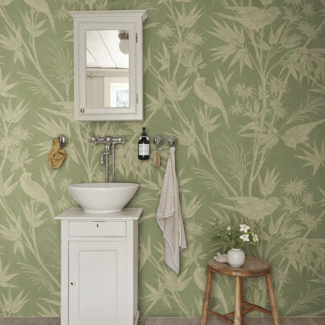 Tapet mural cu design floral și păsări, fundal verde