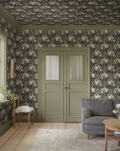 Tapet cu model floral pe fundal antracit