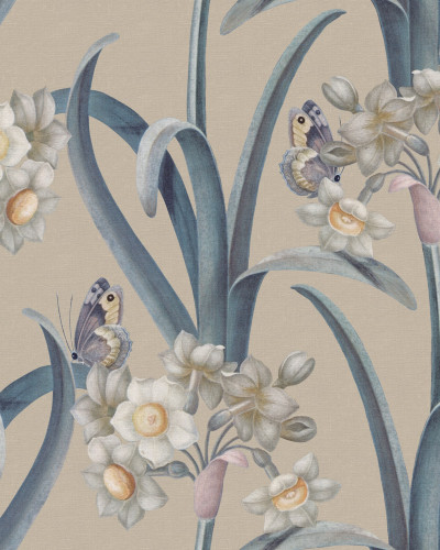 Tapet cu model floral albastru într-un interior clasic