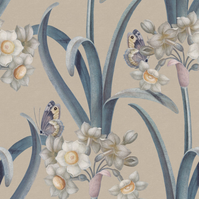 Tapet cu model floral albastru într-un interior clasic