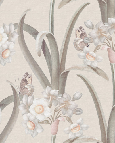 Tapet floral pastelat într-un dormitor decorat cu gust