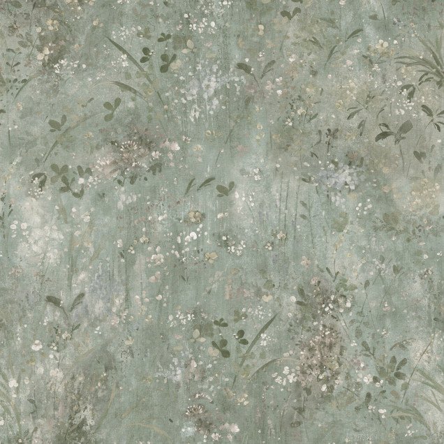 Tapet floral verde salvie intr-o baie