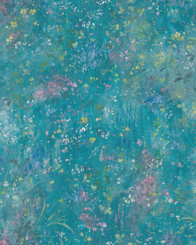 Tapet floral cu fundal teal într-o baie