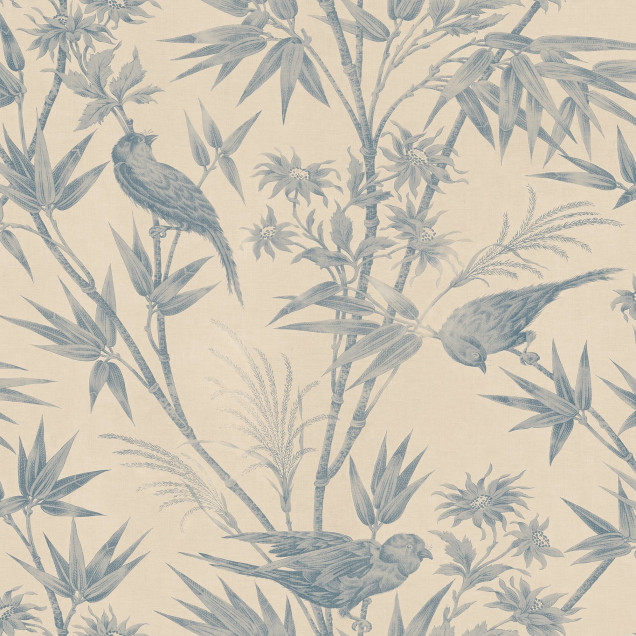 Tapet floral cu păsări indigo