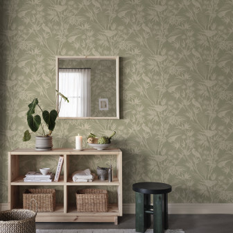 Tapet verde cu model floral și păsări
