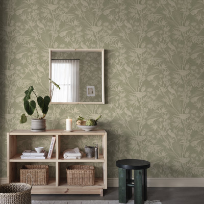 Tapet verde cu model floral și păsări