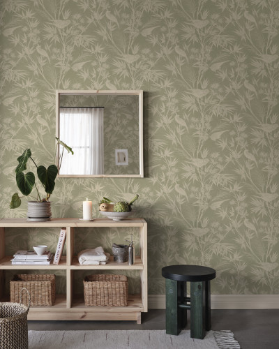 Tapet verde cu model floral și păsări