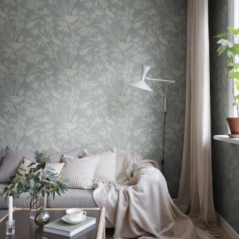 Tapet cu design floral și păsări în nuanțe de albastru