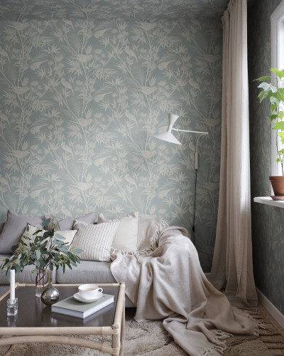 Tapet cu design floral și păsări în nuanțe de albastru